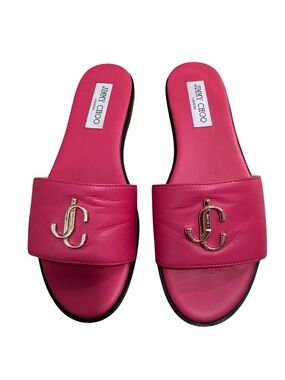 Jimmy Choo Dragonfruit Pink Leather Flat Slide Sandals with Gold JC Logo - 38
